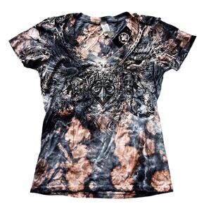 NWT AFFLICITION Live Fast Wmns Graphic Bleach Distressed Braid AOP V Neck Wings